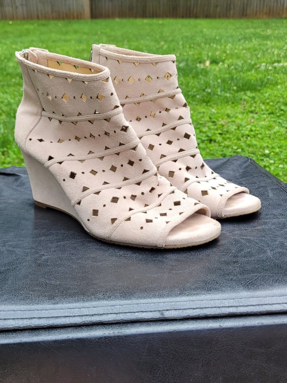 Michael Kors Uma Suede Wedge Laser Cut Sandals, Size 9.5, Taupe